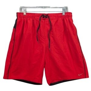 Nike Swim Trunks Men's Large Red Board Shorts Swoosh Logo Drawstring Mesh Beach